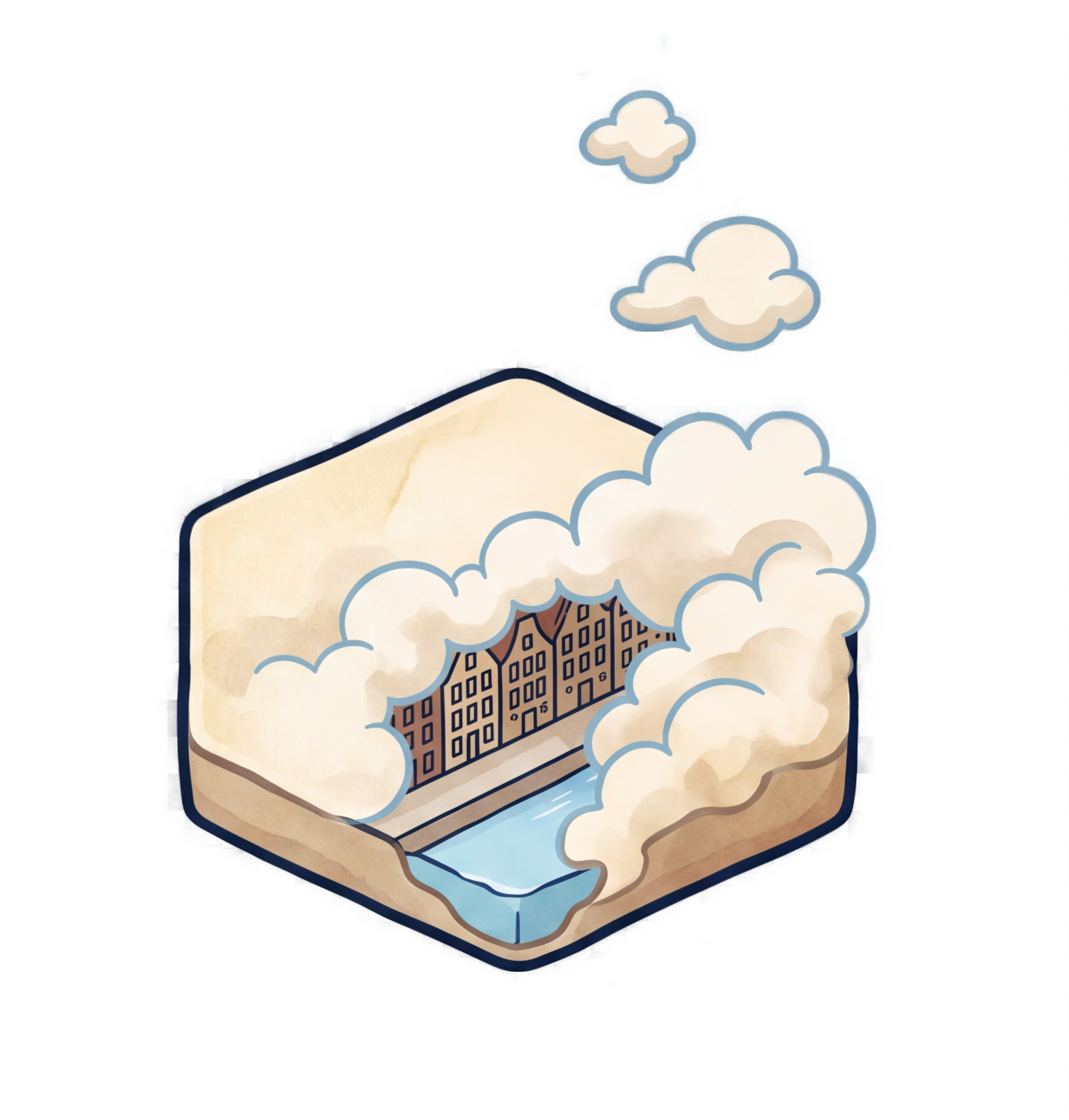 An isometric hex tile with parchment fog peeling off the top, revealing canal houses underneath.