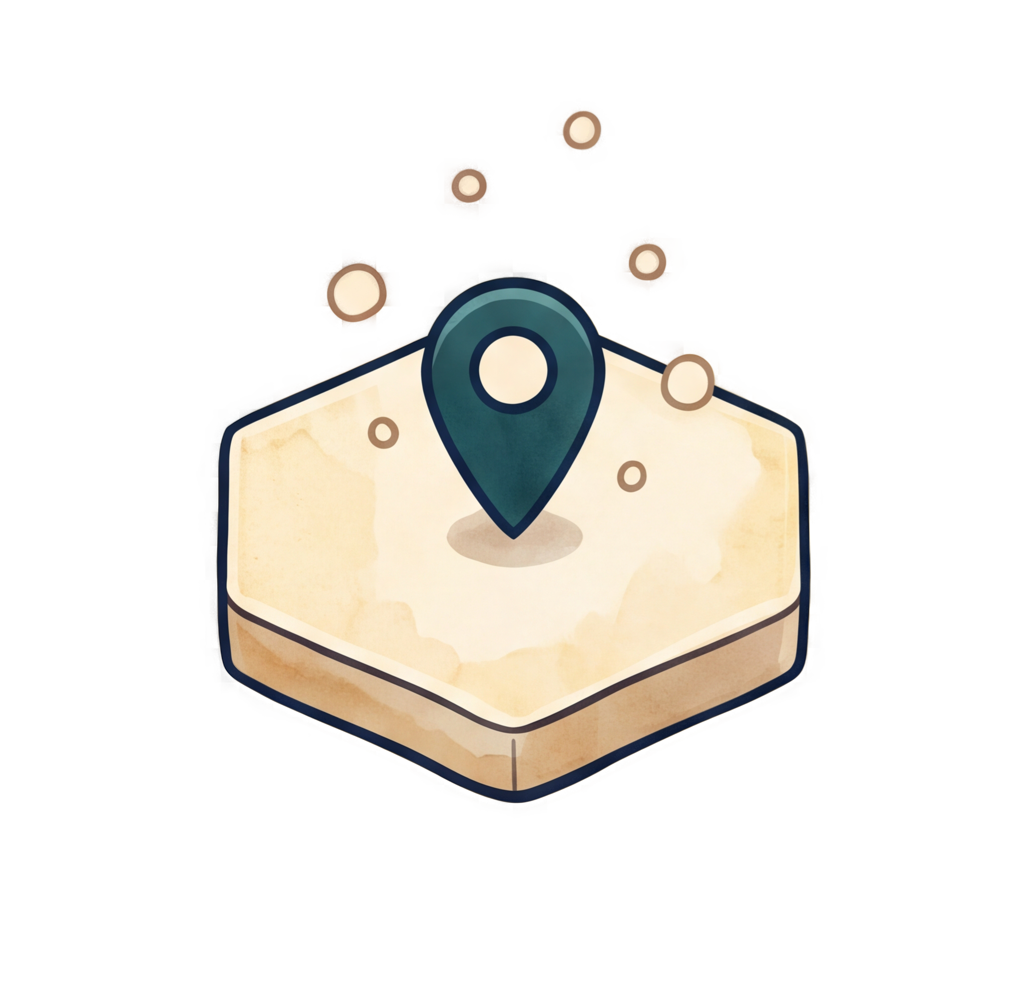 A glowing hex tile with a deep-teal POI marker in the centre, surrounded by a warm yellow bloom.